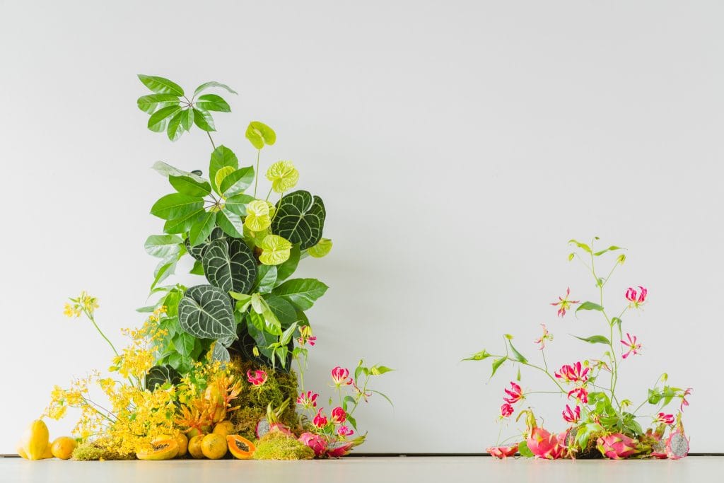Modern tropical wedding floral installation featuring anthuriums, orchids, and dragon fruit accents for a unique Toronto gallery wedding theme.